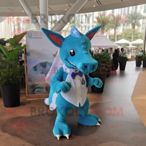 Cyan Triceratops mascot costume character dressed with a Poplin Shirt and Pocket squares