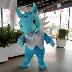 Cyan Triceratops mascot costume character dressed with a Poplin Shirt and Pocket squares