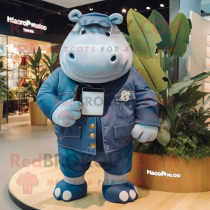 Navy Hippopotamus mascot costume character dressed with a Denim Shorts and Smartwatches