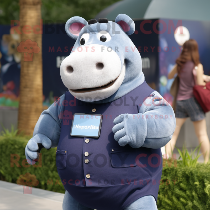 Navy Hippopotamus mascot costume character dressed with a Denim Shorts and Smartwatches