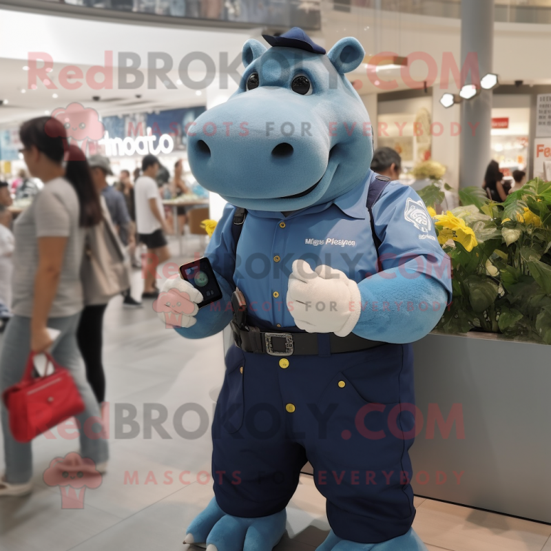 Navy Hippopotamus mascot costume character dressed with a Denim Shorts and Smartwatches