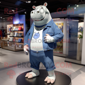 Navy Hippopotamus mascot costume character dressed with a Denim Shorts and Smartwatches
