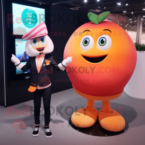 Peach Queen mascot costume character dressed with a Suit Jacket and Smartwatches