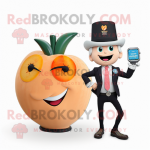 Peach Queen mascot costume character dressed with a Suit Jacket and Smartwatches