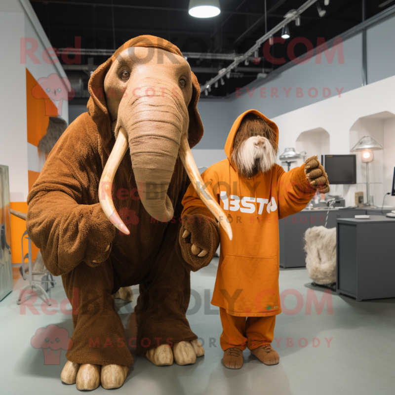 Rust Mammoth mascot costume character dressed with a Hoodie and Watches