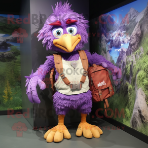 Purple Harpy mascot costume character dressed with a Cargo Shorts and Backpacks