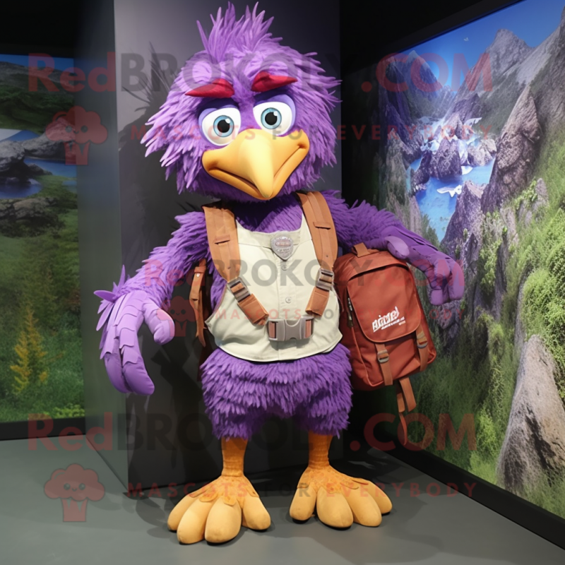 Purple Harpy mascot costume character dressed with a Cargo Shorts and Backpacks Purple Harpy mascot costume character dressed with a Cargo Shorts and Backpacks