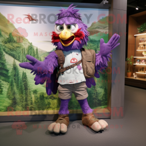 Purple Harpy mascot costume character dressed with a Cargo Shorts and Backpacks