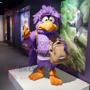 Purple Harpy mascot costume character dressed with a Cargo Shorts and Backpacks