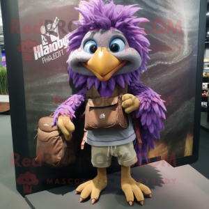 Purple Harpy mascot costume character dressed with a Cargo Shorts and Backpacks