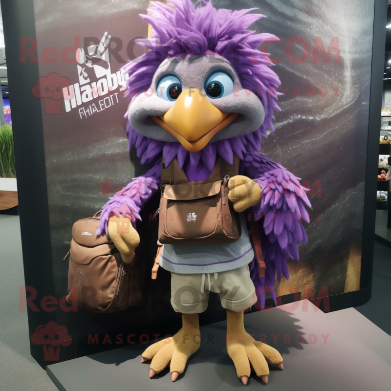 Purple Harpy mascot costume character dressed with a Cargo Shorts and Backpacks Purple Harpy mascot costume character dressed with a Cargo Shorts and Backpacks