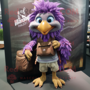 Purple Harpy mascot costume character dressed with a Cargo Shorts and Backpacks