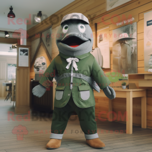 Forest Green Salmon mascot costume character dressed with a Romper and Belts