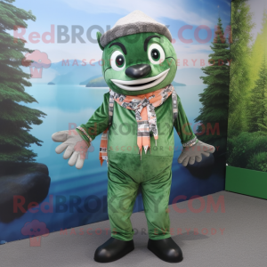 Forest Green Salmon mascot costume character dressed with a Romper and Belts