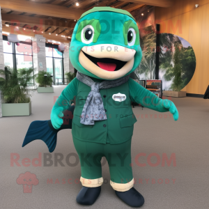 Forest Green Salmon mascot costume character dressed with a Romper and Belts