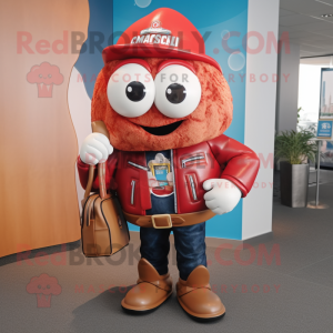 Red Clam Chowder mascot costume character dressed with a Leather Jacket and Handbags