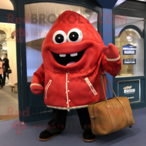 Red Clam Chowder mascot costume character dressed with a Leather Jacket and Handbags