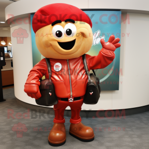 Red Clam Chowder mascot costume character dressed with a Leather Jacket and Handbags