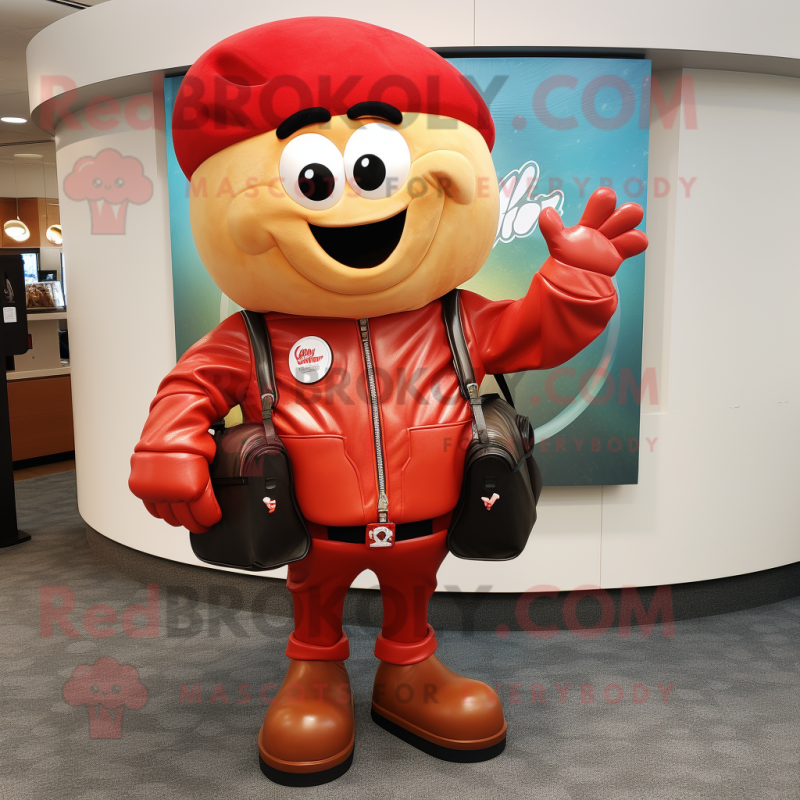 Red Clam Chowder mascot costume character dressed with a Leather Jacket and Handbags Red Clam Chowder mascot costume character dressed with a Leather Jacket and Handbags