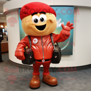 Red Clam Chowder mascot costume character dressed with a Leather Jacket and Handbags