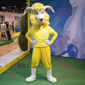 Lemon Yellow Goat mascot costume character dressed with a Joggers and Hair clips