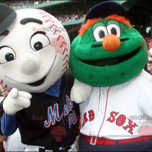 2 mascotes: um monstro verde e uma bola de beisebol -