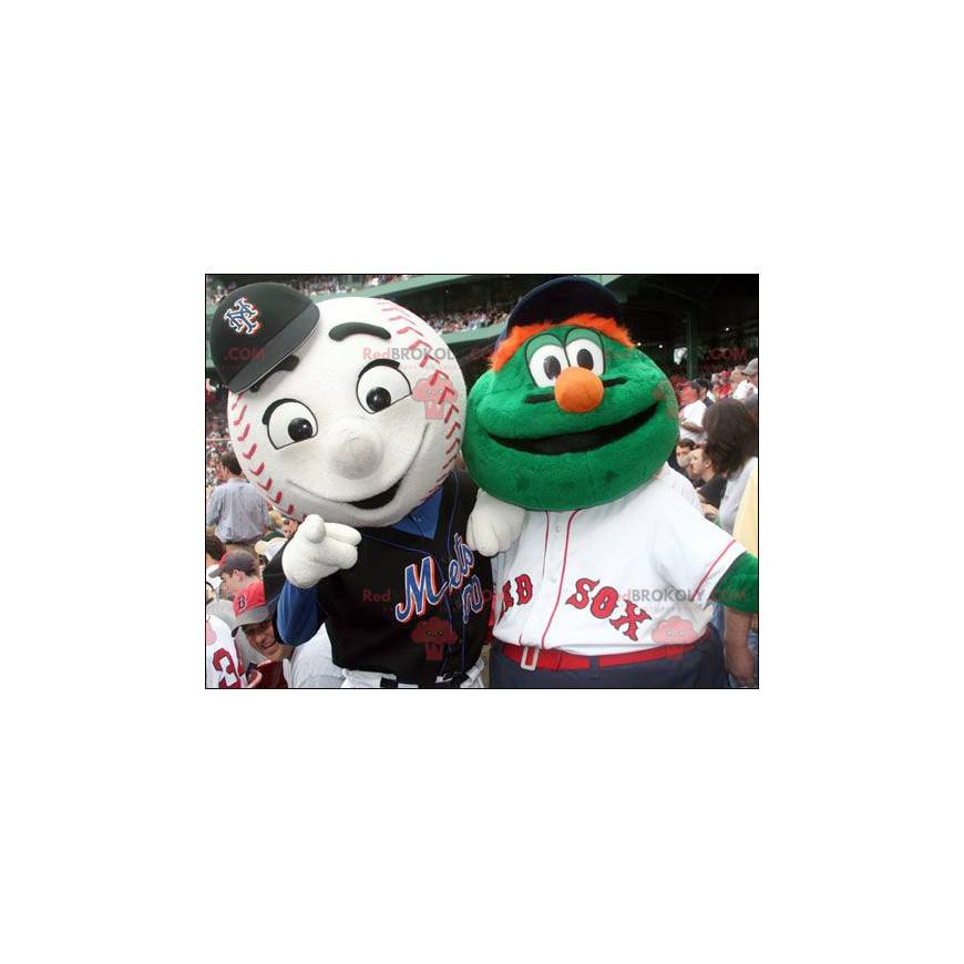 2 mascotas: un monstruo verde y una pelota de béisbol -