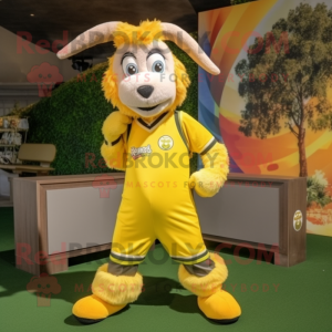Lemon Yellow Goat mascot costume character dressed with a Joggers and Hair clips