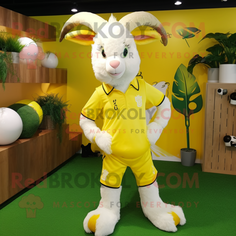 Lemon Yellow Goat mascot costume character dressed with a Joggers and Hair clips Lemon Yellow Goat mascot costume character dressed with a Joggers and Hair clips