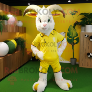 Lemon Yellow Goat mascot costume character dressed with a Joggers and Hair clips