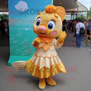 Tan Goldfish mascot costume character dressed with a A-Line Dress and Anklets