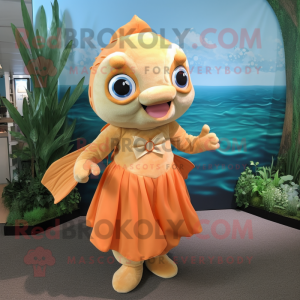 Tan Goldfish mascot costume character dressed with a A-Line Dress and Anklets