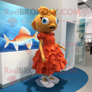 Tan Goldfish mascot costume character dressed with a A-Line Dress and Anklets