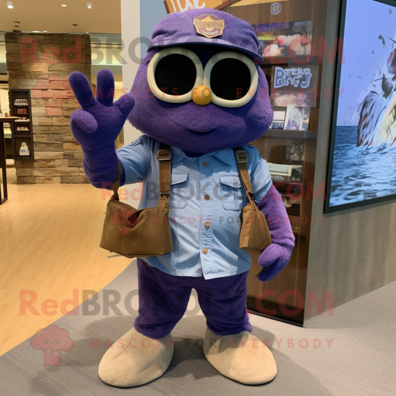 Purple Navy Seal mascot costume character dressed with a Denim Shorts and Wallets