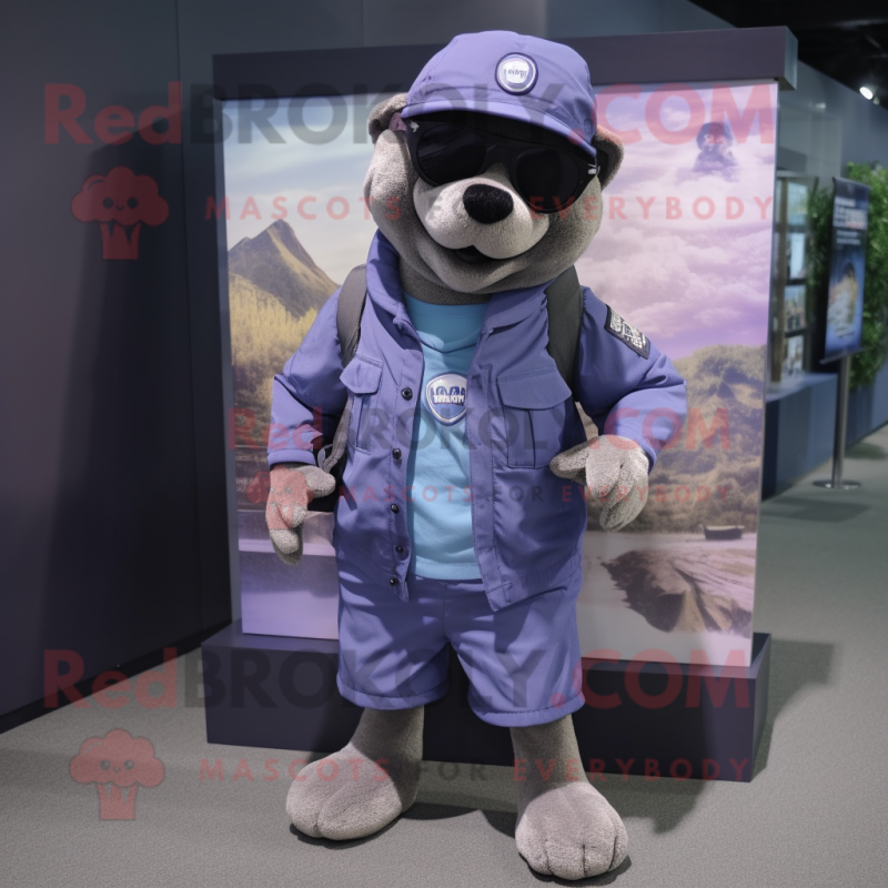 Purple Navy Seal mascot costume character dressed with a Denim Shorts and Wallets Purple Navy Seal mascot costume character dressed with a Denim Shorts and Wallets