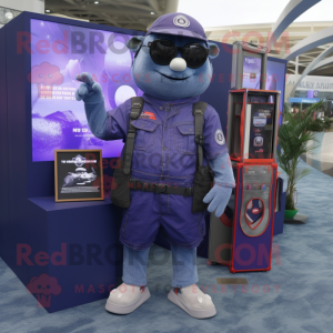 Purple Navy Seal mascot costume character dressed with a Denim Shorts and Wallets