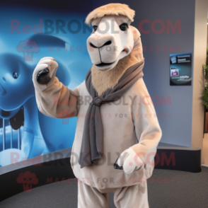 Gray Camel mascot costume character dressed with a Suit Pants and Shawl pins