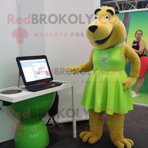 Lime Green Capybara mascot costume character dressed with a Pencil Skirt and Digital watches