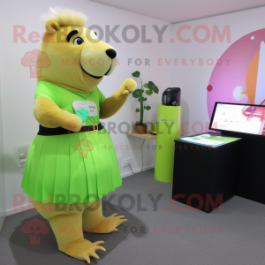 Lime Green Capybara mascot costume character dressed with a Pencil Skirt and Digital watches