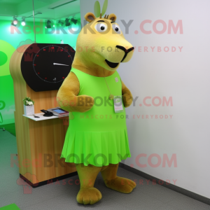 Lime Green Capybara mascot costume character dressed with a Pencil Skirt and Digital watches