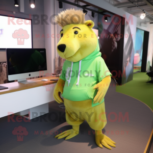 Lime Green Capybara mascot costume character dressed with a Pencil Skirt and Digital watches