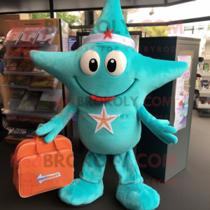Turquoise Starfish mascot costume character dressed with a T-Shirt and Wallets
