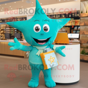 Turquoise Starfish mascot costume character dressed with a T-Shirt and Wallets