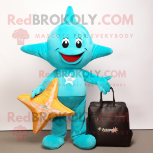 Turquoise Starfish mascot costume character dressed with a T-Shirt and Wallets