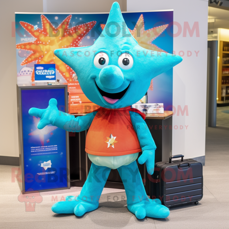 Turquoise Starfish mascot costume character dressed with a T-Shirt and Wallets