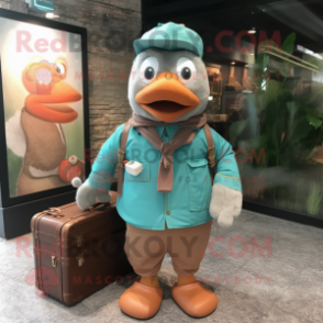 Teal Apricot mascot costume character dressed with a Parka and Briefcases