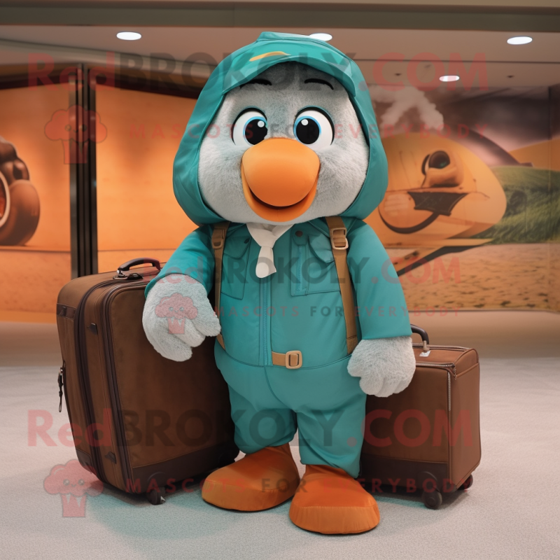 Teal Apricot mascot costume character dressed with a Parka and Briefcases