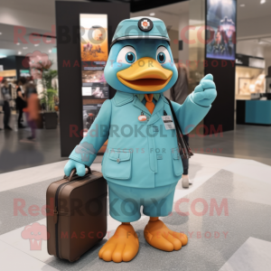 Teal Apricot mascot costume character dressed with a Parka and Briefcases