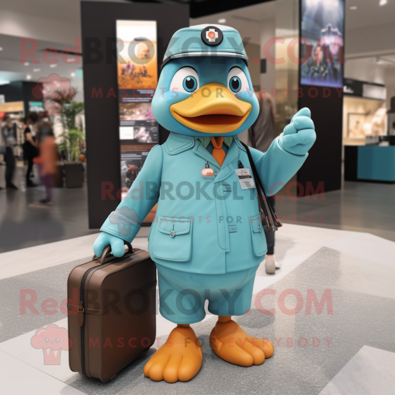 Teal Apricot mascot costume character dressed with a Parka and Briefcases
