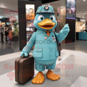 Teal Apricot mascot costume character dressed with a Parka and Briefcases